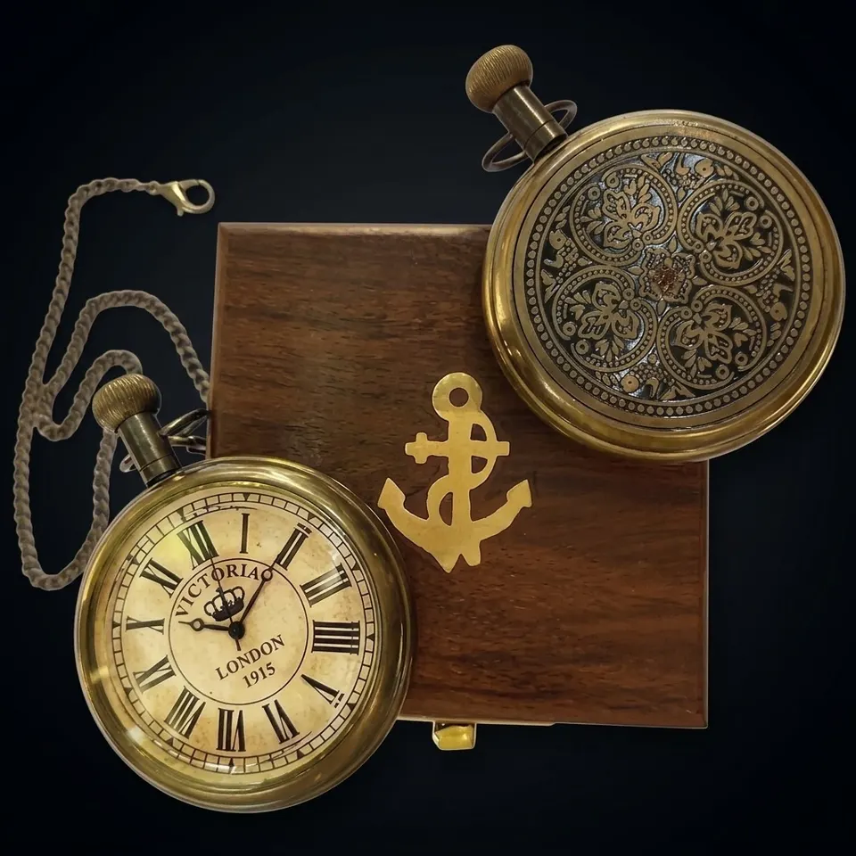 Brass Pocket Watch — Embossed Back & Wooden Box