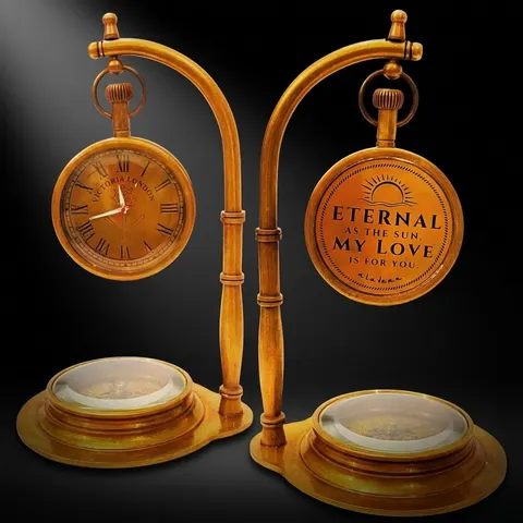Brass Desk Clock with Working Compass, Victoria London Dial view 1