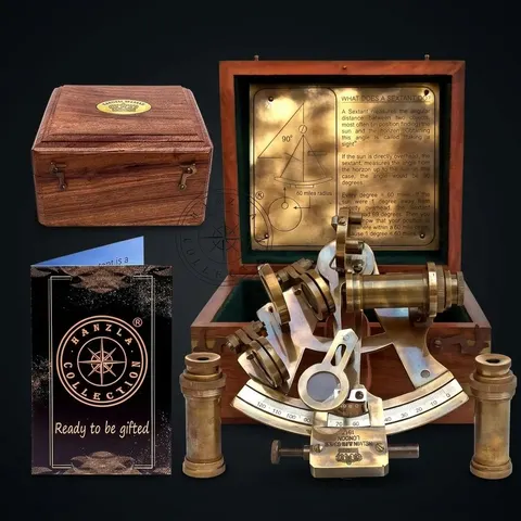 Antique Brass Sextant with Two Extra Telescopes and Wooden Box view 1