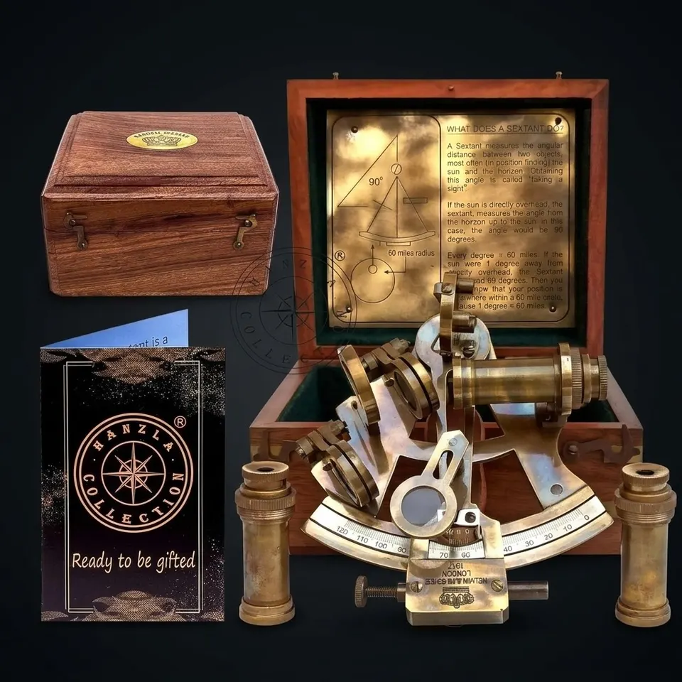 Antique Brass Sextant with Two Extra Telescopes and Wooden Box