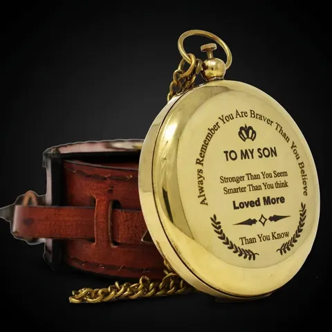 Polished Brass Sundial Compass with Red Leather Case view 1