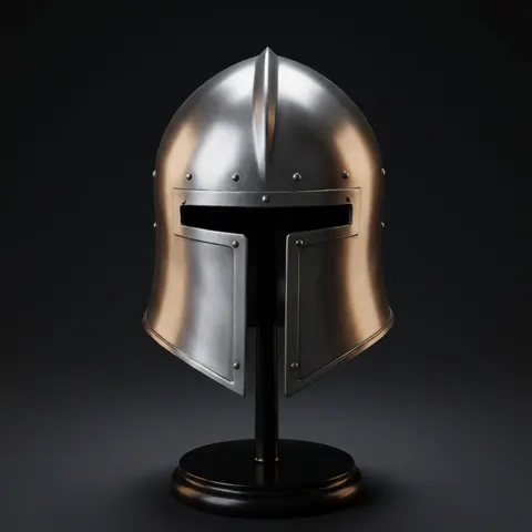 Steel Barbuta Helmet with Wooden Stand view 1