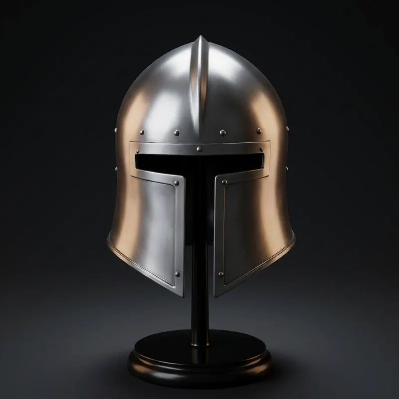 Steel Barbuta Helmet with Wooden Stand