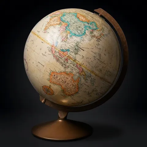 Large Desk Globe with Detailed Map on Metal Base and Antique Brass Ring view 1