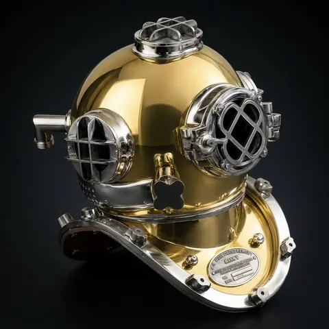 Diving Helmet with Goldenish Mustard Finish and Nickel Highlights view 1