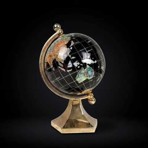 Small Brass Desk Globe with Black Gemstone-Inlaid World Map view 1