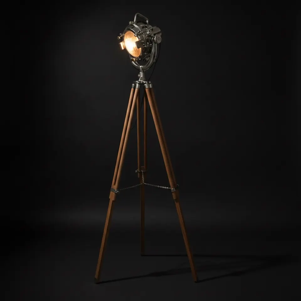 Chrome Spotlight on Wooden Tripod