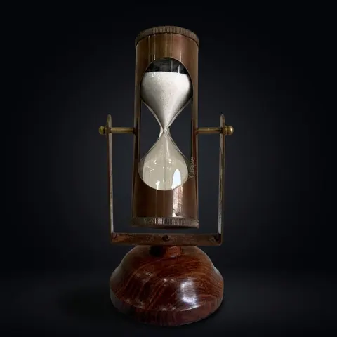 Antique Brass Hourglass with Dual Compasses and Wood Base, 3-Minute view 1
