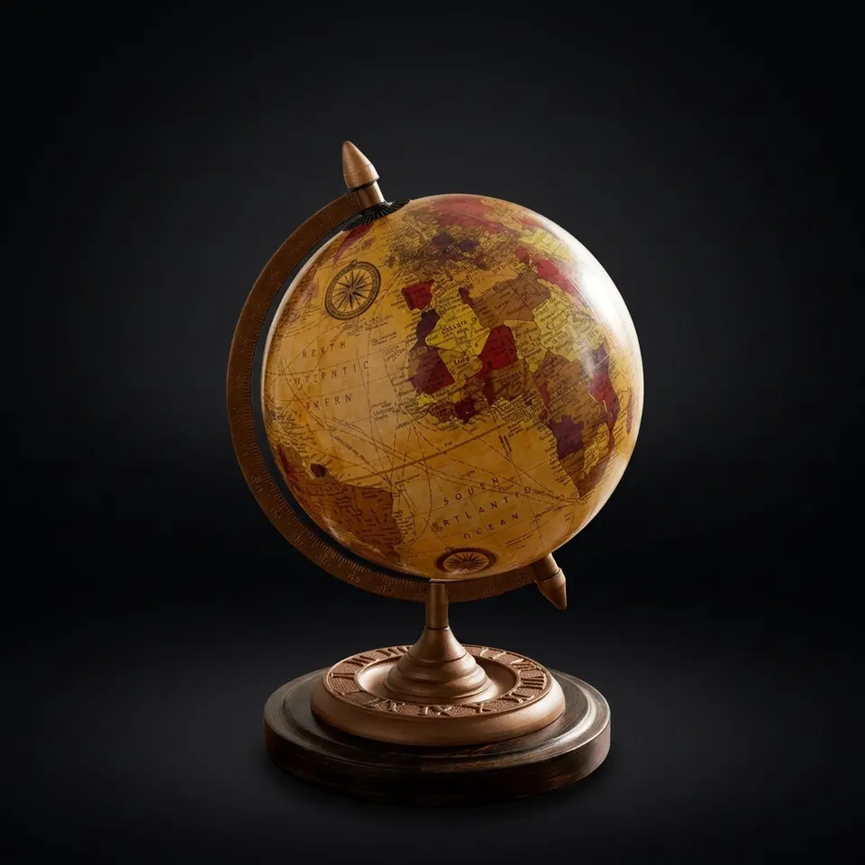 Vintage Desk Globe with Detailed Map on Wooden Base and Brass Ring