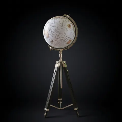 White Map Globe with Chrome Nickel Ring on Black Wooden Tripod Stand view 1