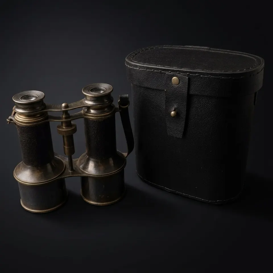 All Black Leather Wrapped Brass Binocular with Leather Case and Belt