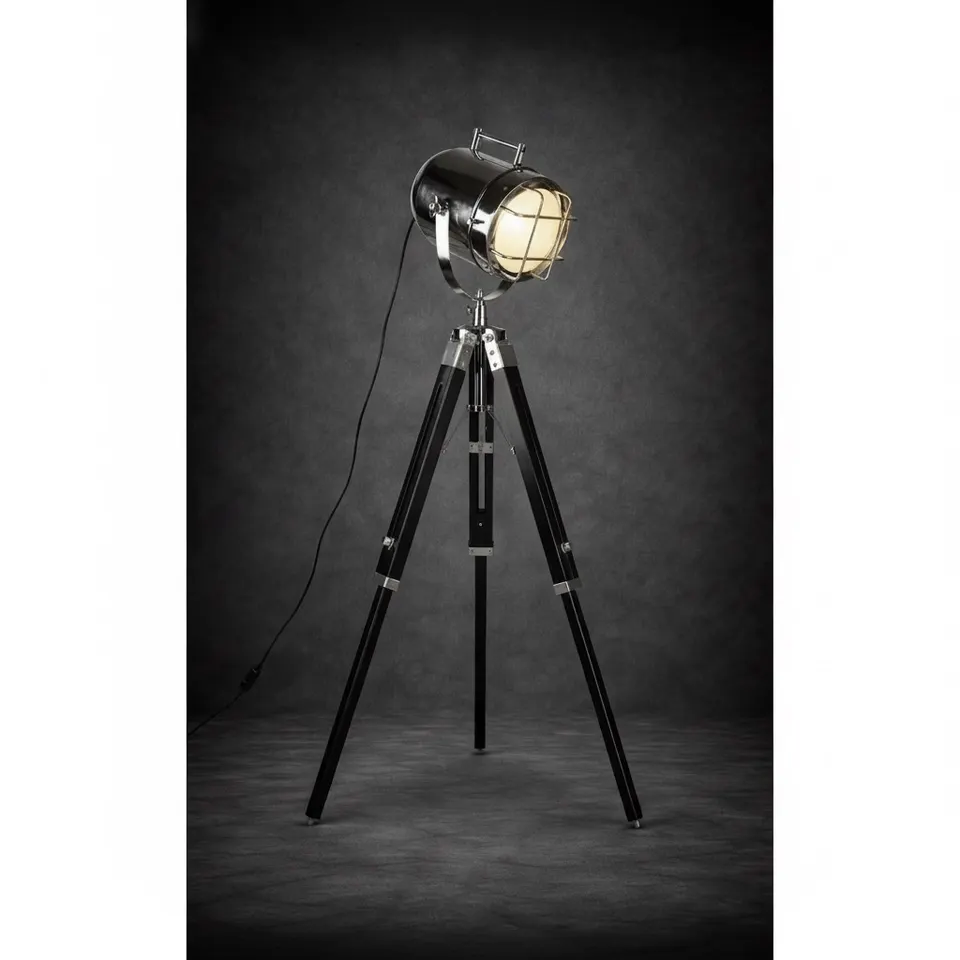 Chrome Spotlight on Black Wooden Tripod