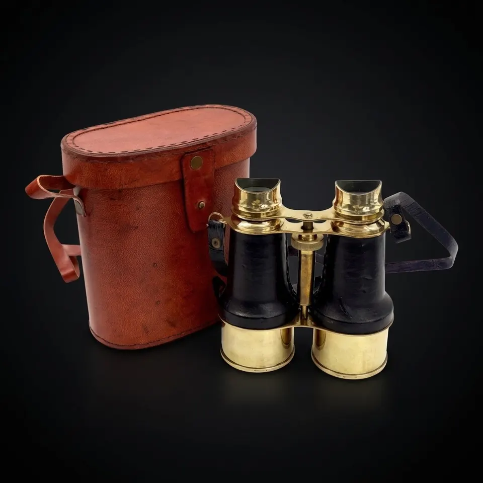 Black Leather Wrapped Brass Binocular with Red Leather Case