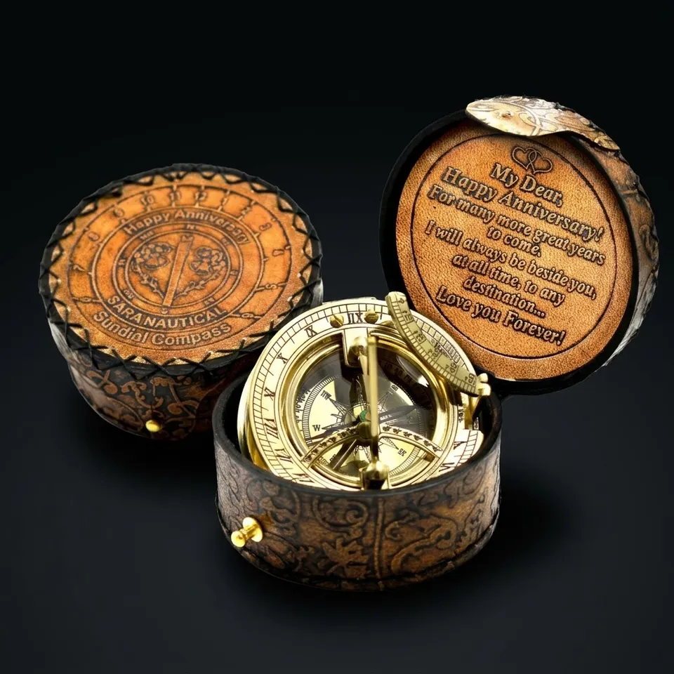 Polished Brass Sundial Compass with Genuine Leather Carry Case