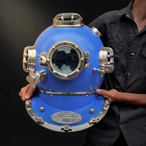 Mark V Diving Helmet with Blue Finish and Light Brown Base view 1