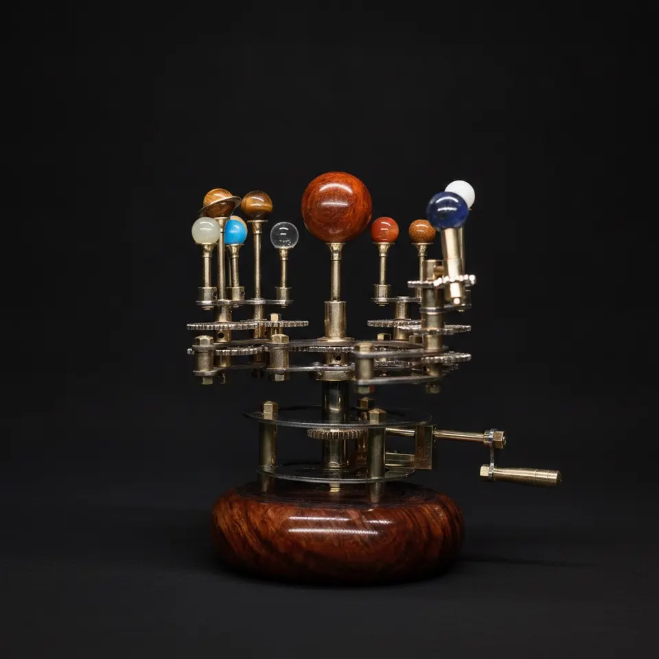 Brass Orrery with Semi-Precious Stones and Teakwood Base