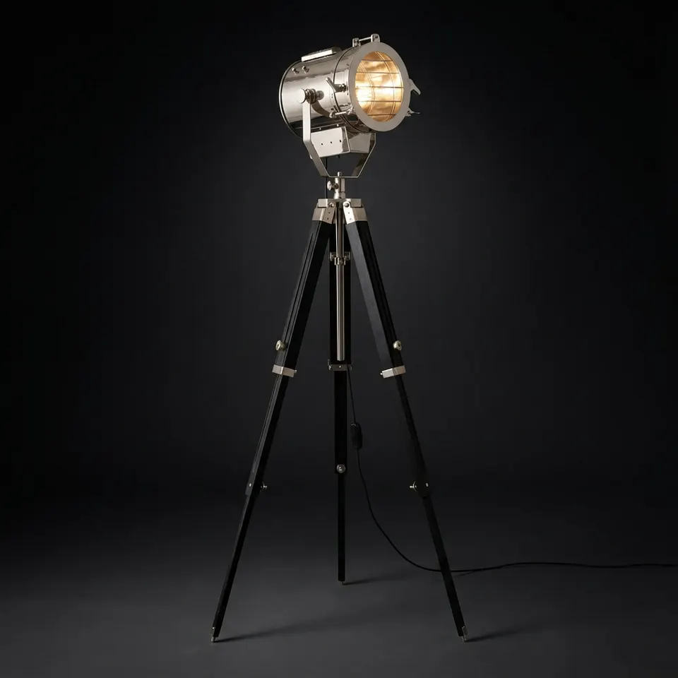 Chrome Spotlight on Black Wooden Tripod