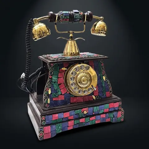 Victorian Brass Rotary Phone — Etched Wood Body view 1