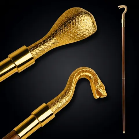 Polished Brass Snake Head Handle Rosewood Walking Stick view 1