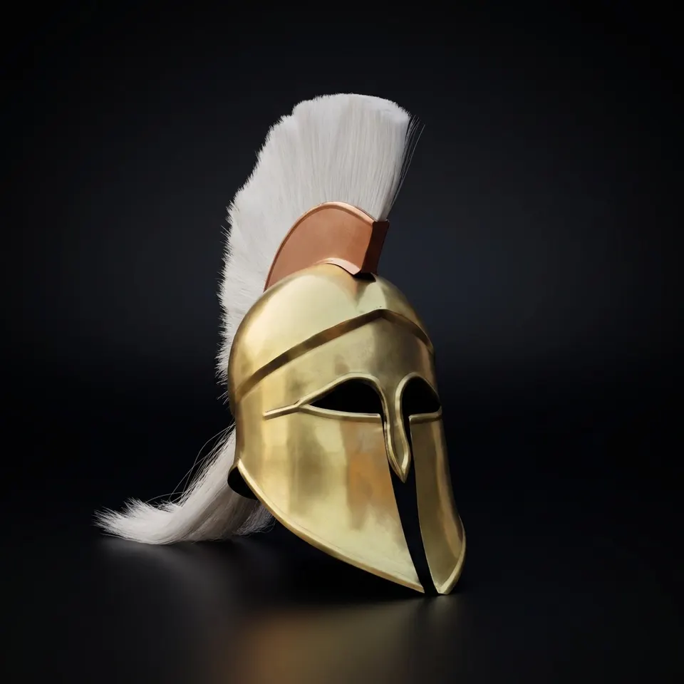 Aurelius Spartan Corinthian Helmet — Solid Brass White Plume