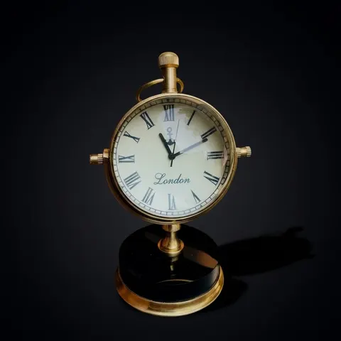 Vintage Brass Desk Clock with Compass Dial Back view 1