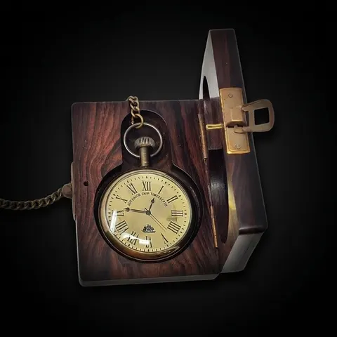 Brass Pocket Watch — Wooden Box & Chain view 1