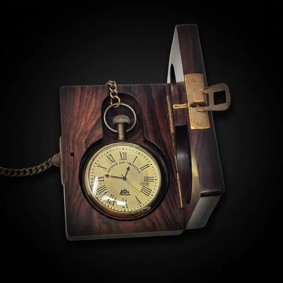 Brass Pocket Watch — Wooden Box & Chain