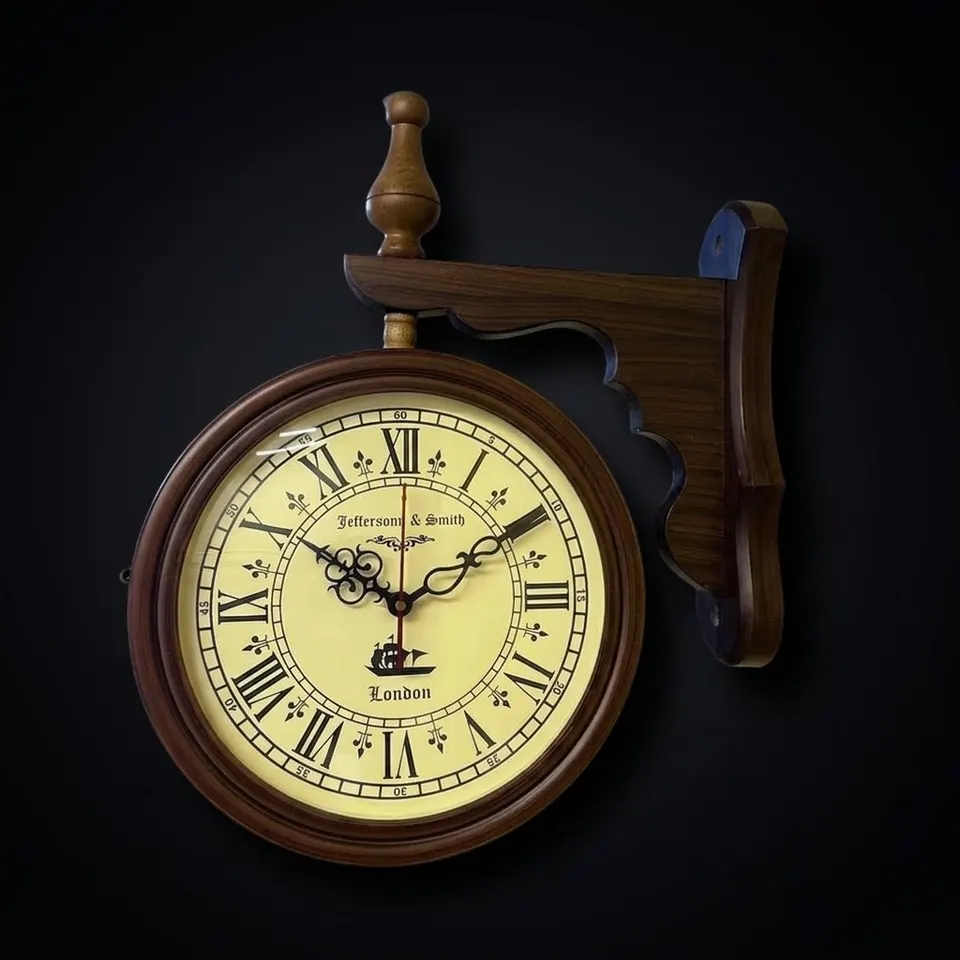 Wooden Double-Sided Station Wall Clock London Theme