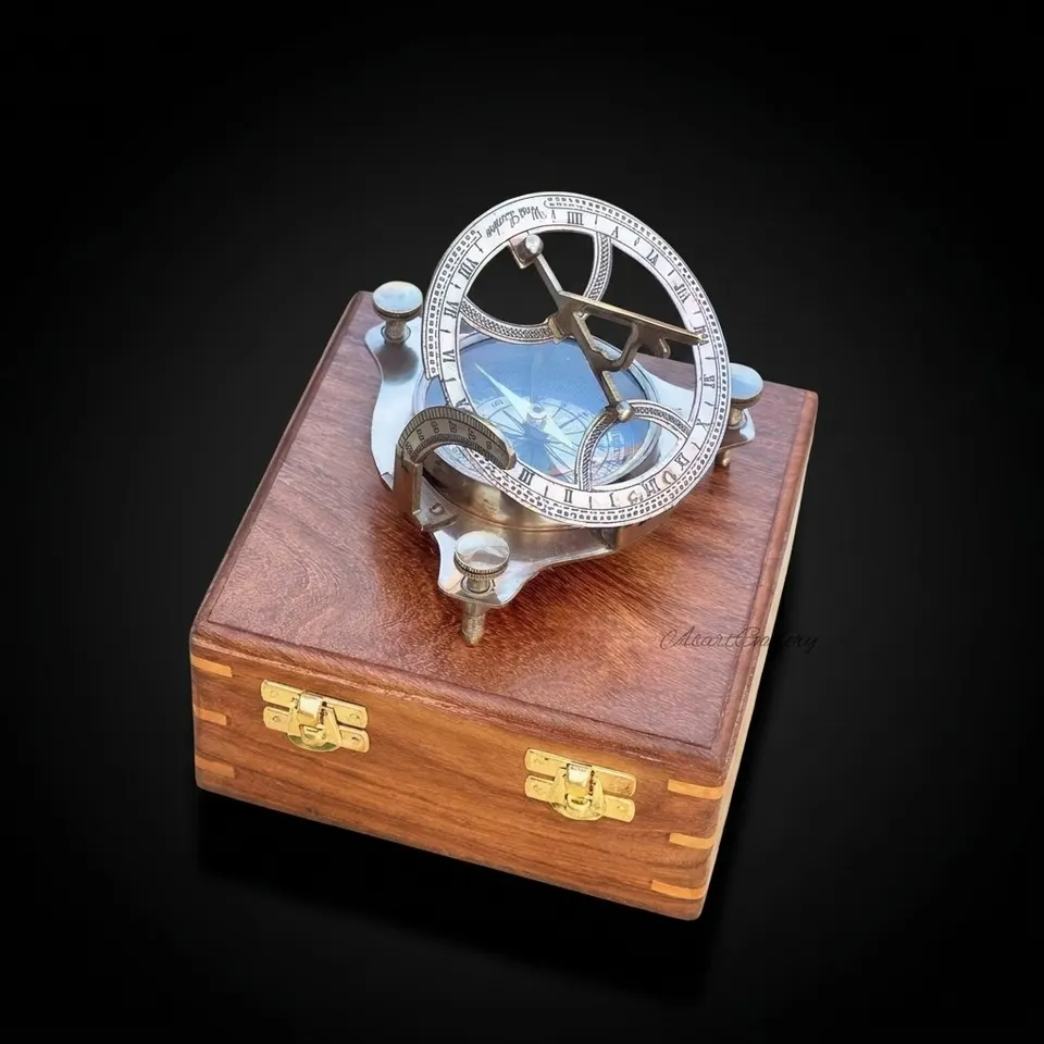 Antique Brass Sundial Compass with Fitted Wooden Presentation Box