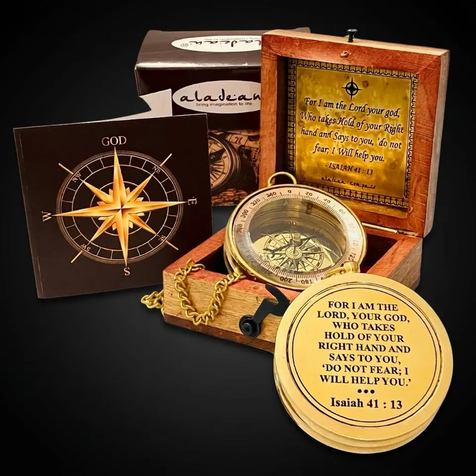 Isaiah 41:13 Compass, Wooden Box