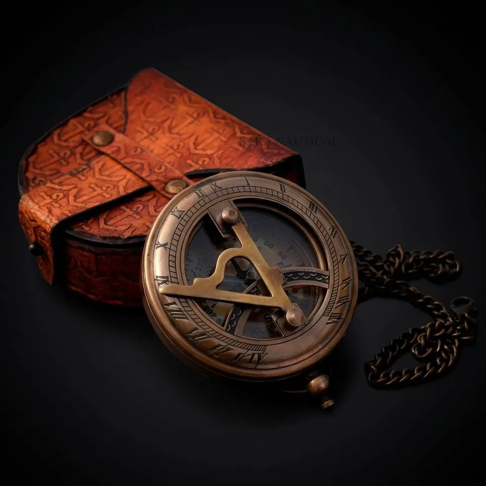 Antique Brass Sundial Compass with Presentation Box