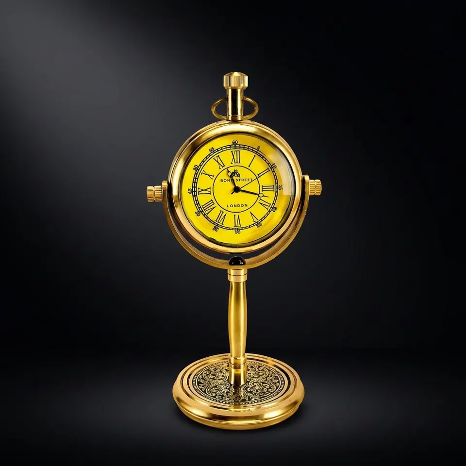 Brass Desk Clock with Embossed Floral Back