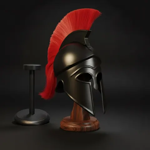 Corinthian Helmet — Warrior Medieval with Wooden Stand view 1