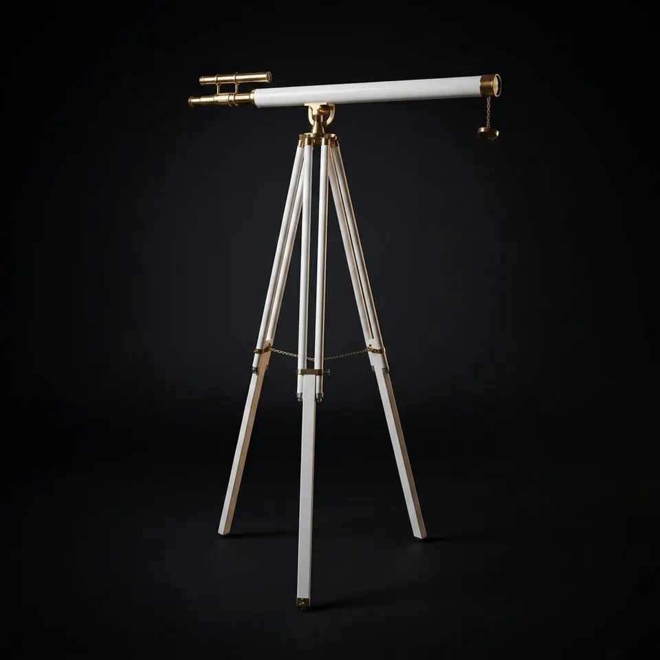 Double Barrel Brass & Leather Floor Standing Telescope 60" with White Wooden Tripod Stand