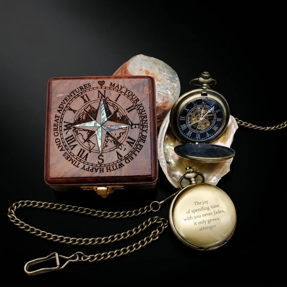 Brass Pocket Watch — Push-Button Lid & Wooden Box