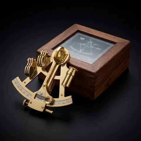 Polished Brass Sextant with Glass-Top Leather Case view 1