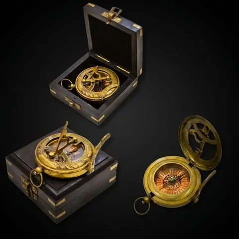 Antique Brass Sundial Compass with Fitted Wooden Presentation Box view 1