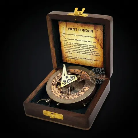 Antique Brass Sundial Compass with Rosewood Presentation Box view 1