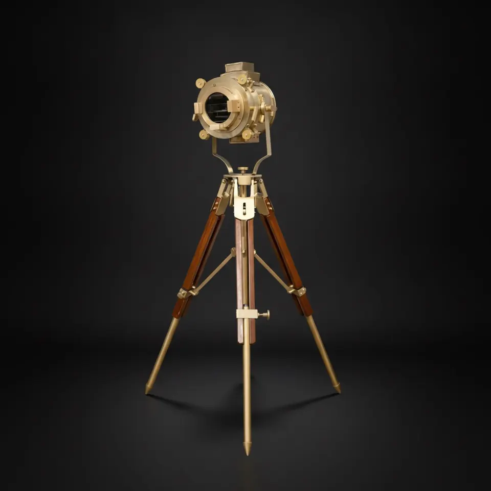 Polished Brass Spotlight on Wooden Tripod