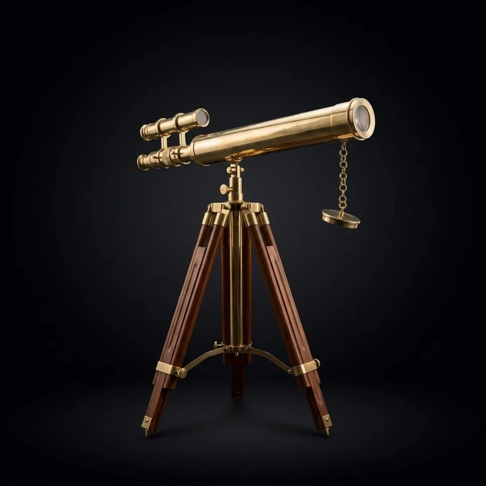 Double Barrel Brass Floor Standing Telescope 52" with Wooden Tripod Stand