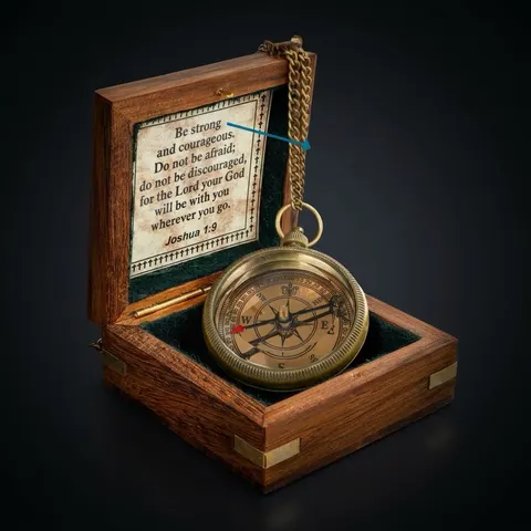 Be Strong and Courageous Compass, Wooden Box view 1