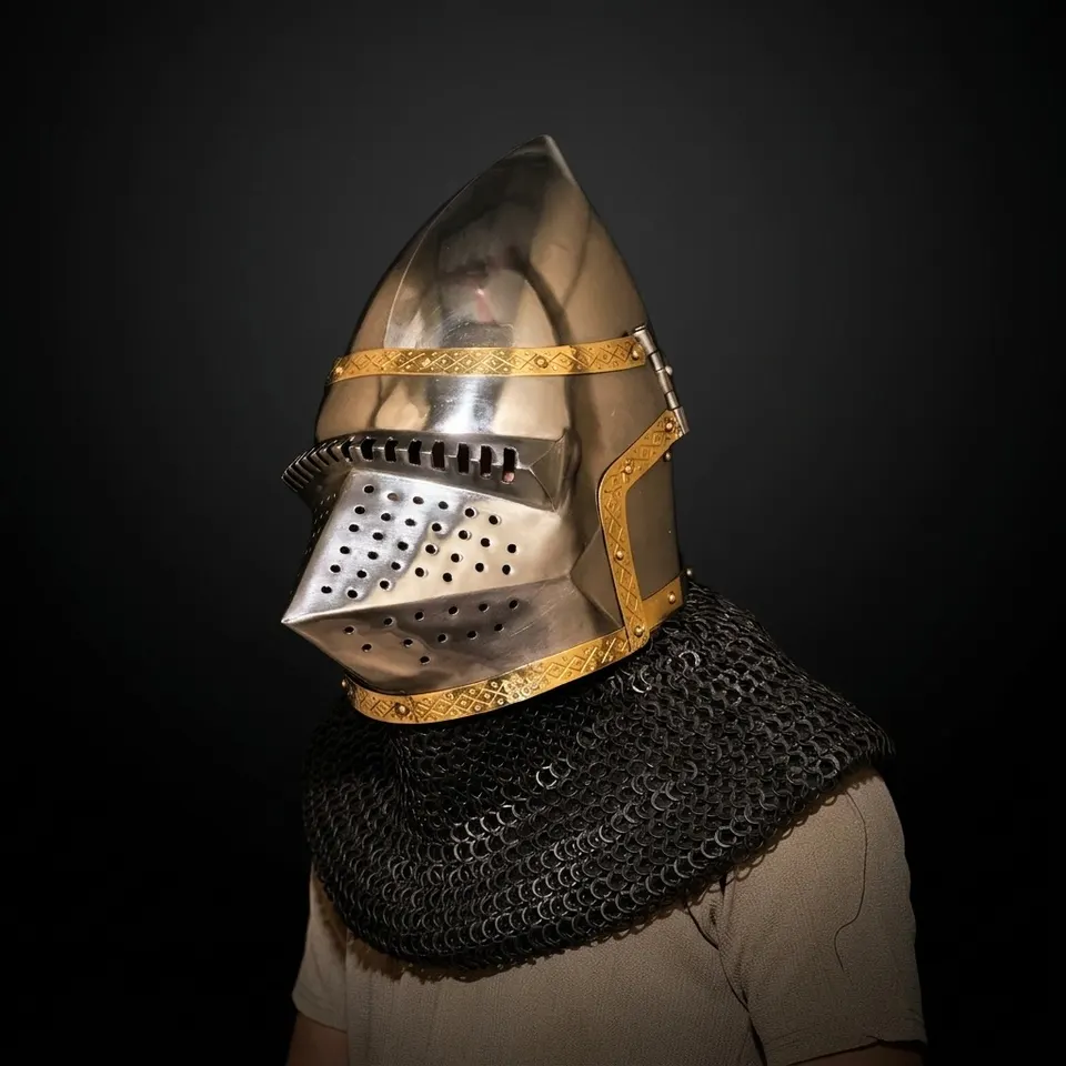 Steel Bascinet Pig Face Chainmail Helmet — Brass Trim