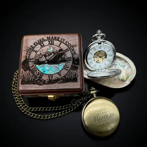 Brass Pocket Watch — Push-Button Lid & Wooden Box II view 1