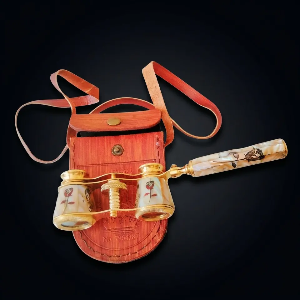 Brass Opera Glasses with Red Leather Case — Rose and Leaf Inlay