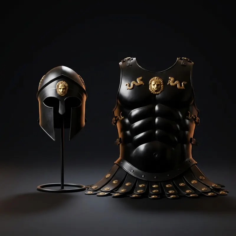 Black Spartan Gladiator Armor Set with Helmet and Roman Cuirass