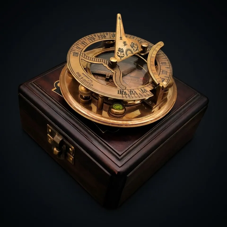 Antique Brass Sundial Compass with Presentation Box