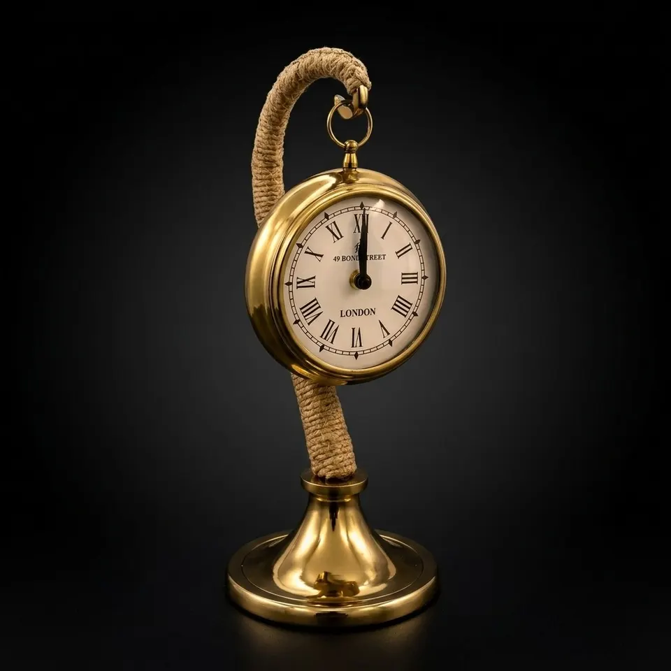Brass Desk Clock with Rope Handle Stand