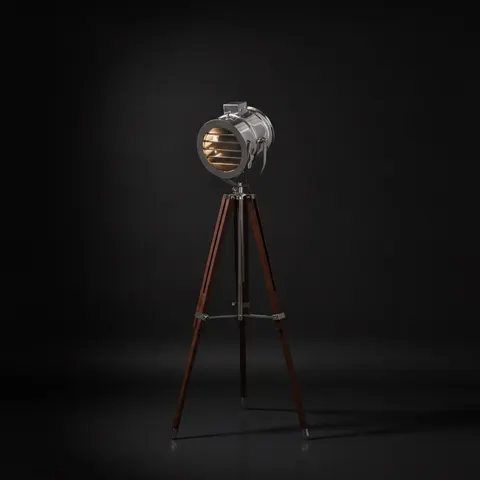 Chrome Spotlight on Wooden Tripod view 1