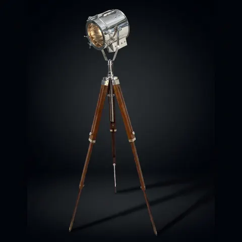 Chrome Spotlight on Wooden Tripod view 1