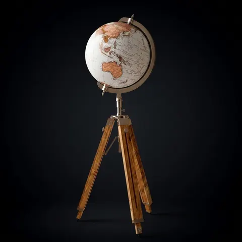 Vintage Dark Globe with Antique Brass Ring on Dark Brown Wooden Tripod Stand view 1